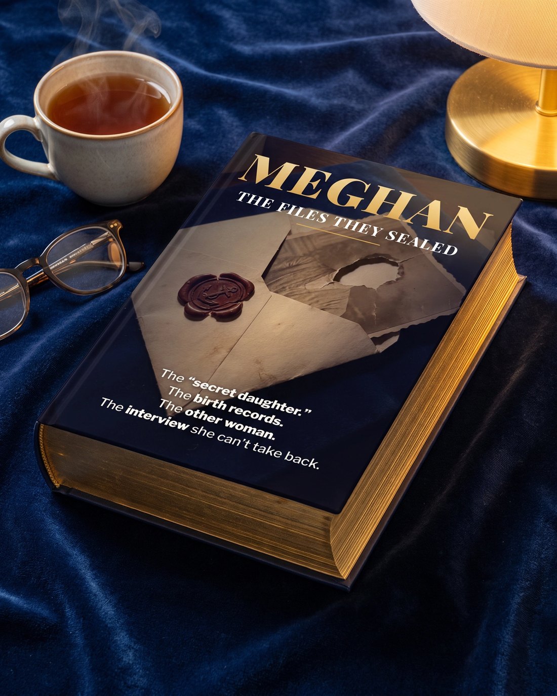 The book on navy velvet beside reading glasses and a cup of tea
