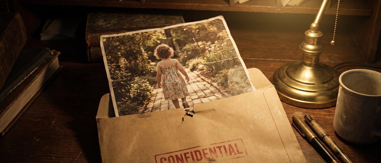 An old photograph of a little girl in a confidential envelope