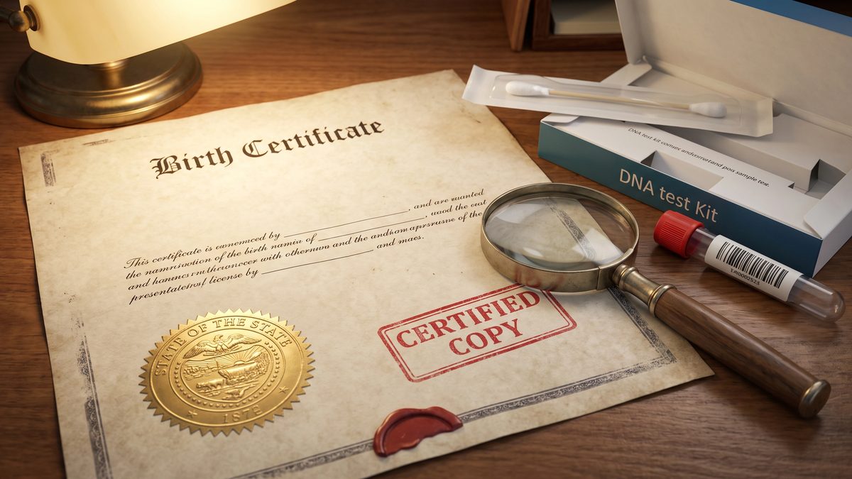 A birth certificate beside a DNA test kit
