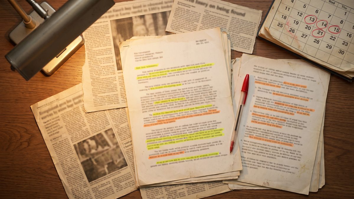 Newspaper clippings and highlighted documents