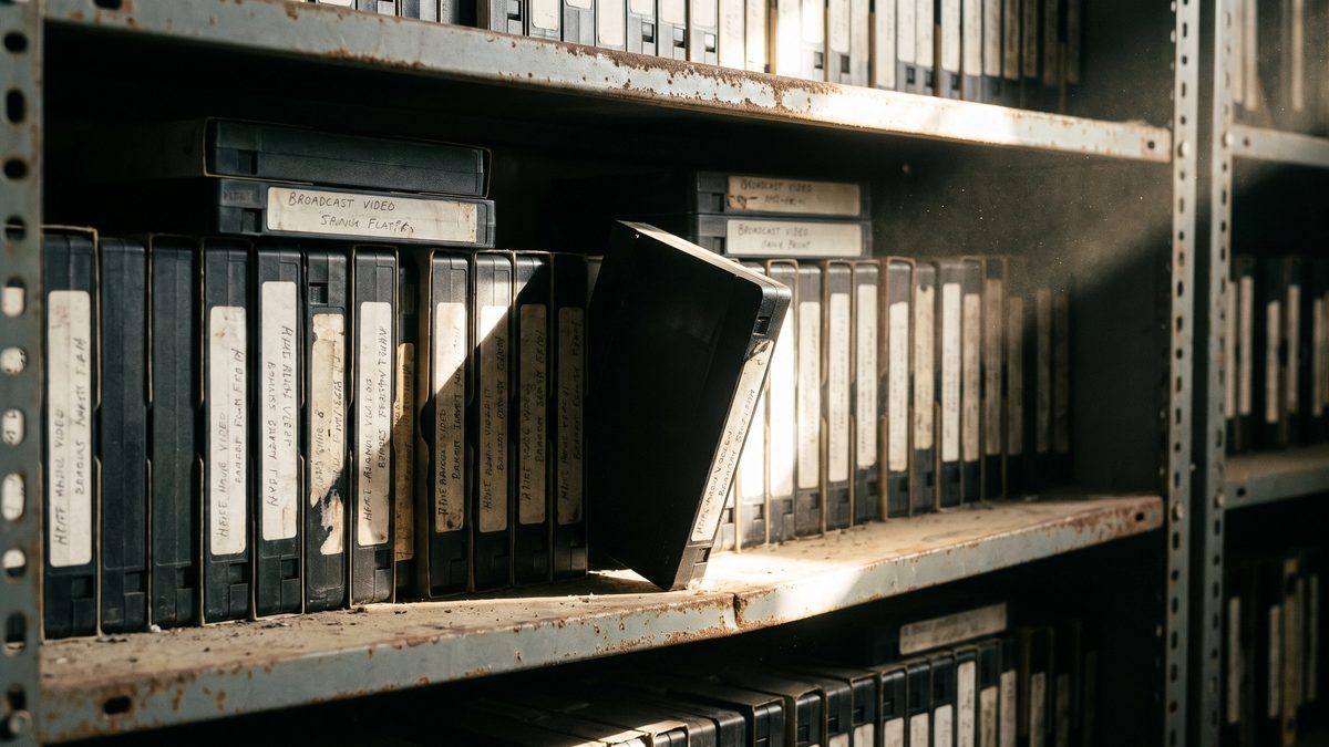 Archive video tapes on a shelf