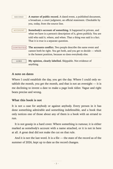 Page three: the four marks — Record, Account, Contested, Luke — each explained